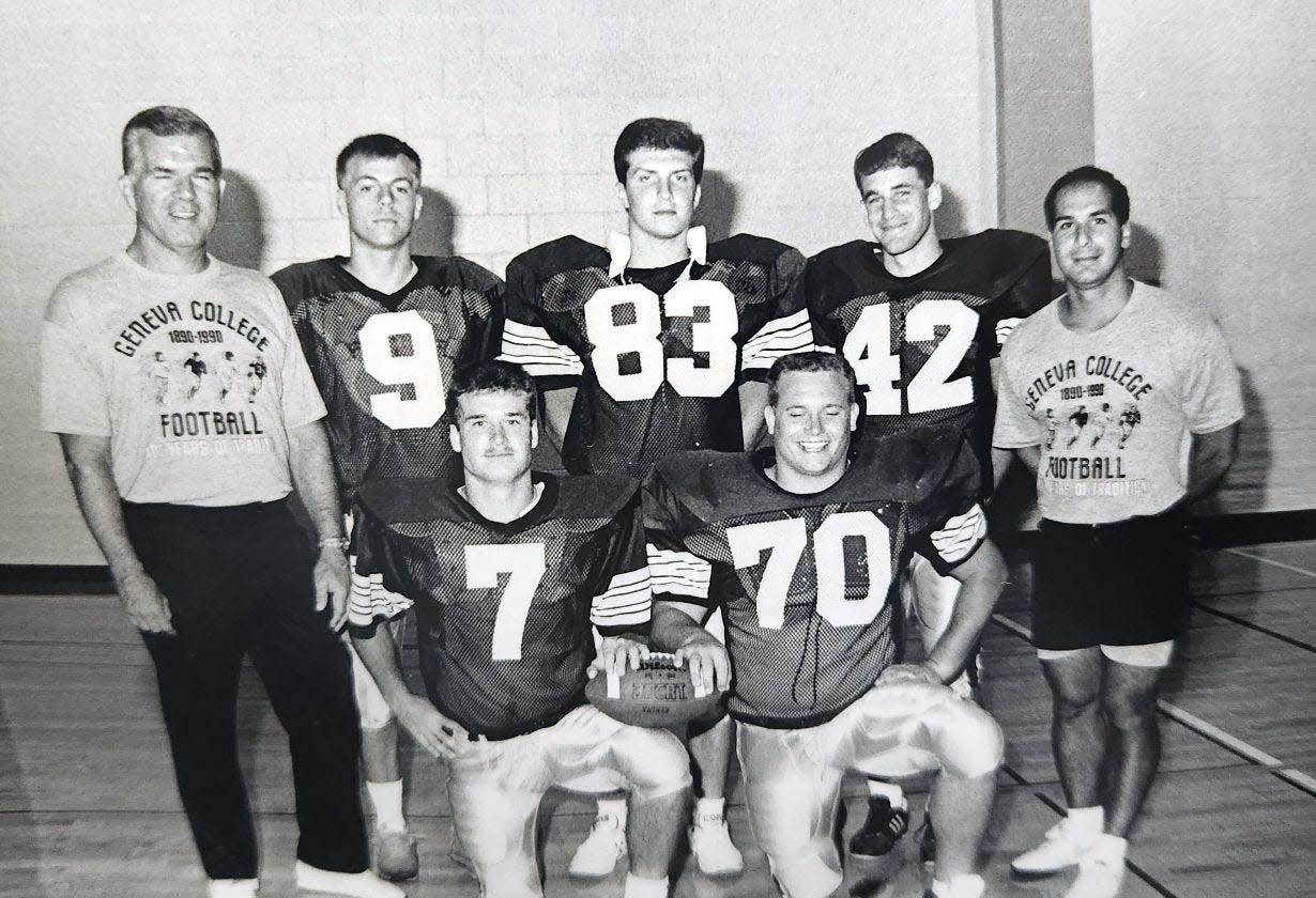 Gene Sullivan (left) and Geno DeMarco (far right) with some of the lettermen in 1989 at Geneva College.