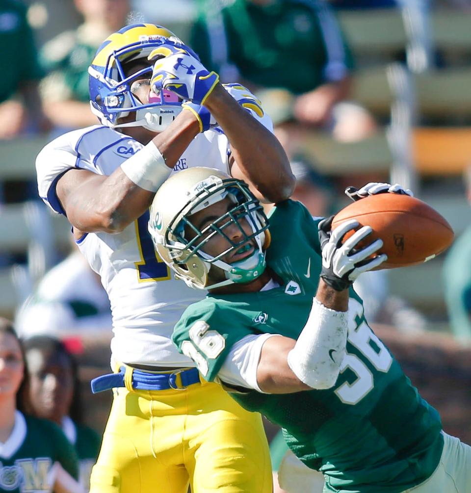 William and Mary corner DeAndre Houston-Carson steps in front of a third quarter pass intended for Delaware receiver Michael Johnson and intercepts it in the Tribe's 31-17 win at Zable Stadium in Williamsburg, Va., Saturday, Oct. 25, 2014.