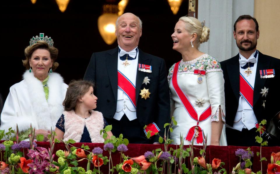 Queen Sonja (left) and King Harald (second from left) during joint celebrations for their  80th birthdays in 2017