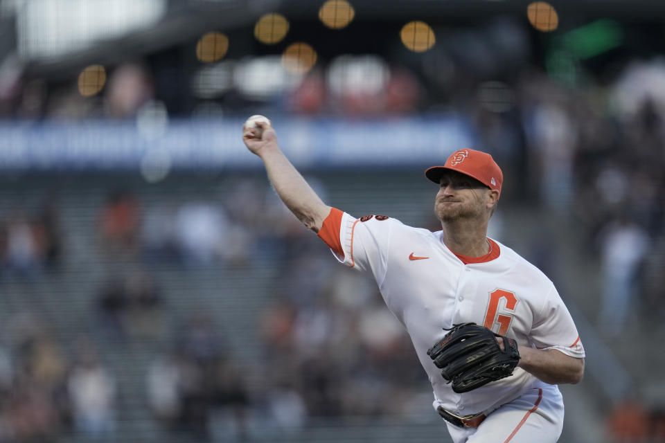 San Francisco Giants pitcher Alex Cobb throws to a Cincinnati Reds batter during the first inning of a baseball game Tuesday, Aug. 29, 2023, in San Francisco. (AP Photo/Godofredo A. Vásquez)