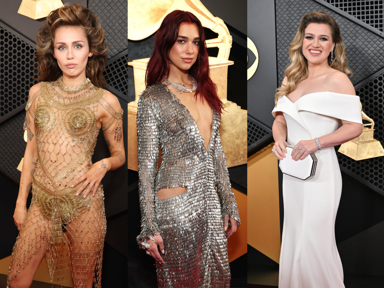 Miley Cyrus, Dua Lipa and and Kelly Clarkson at the 2024 Grammys. (Image via Getty Images)