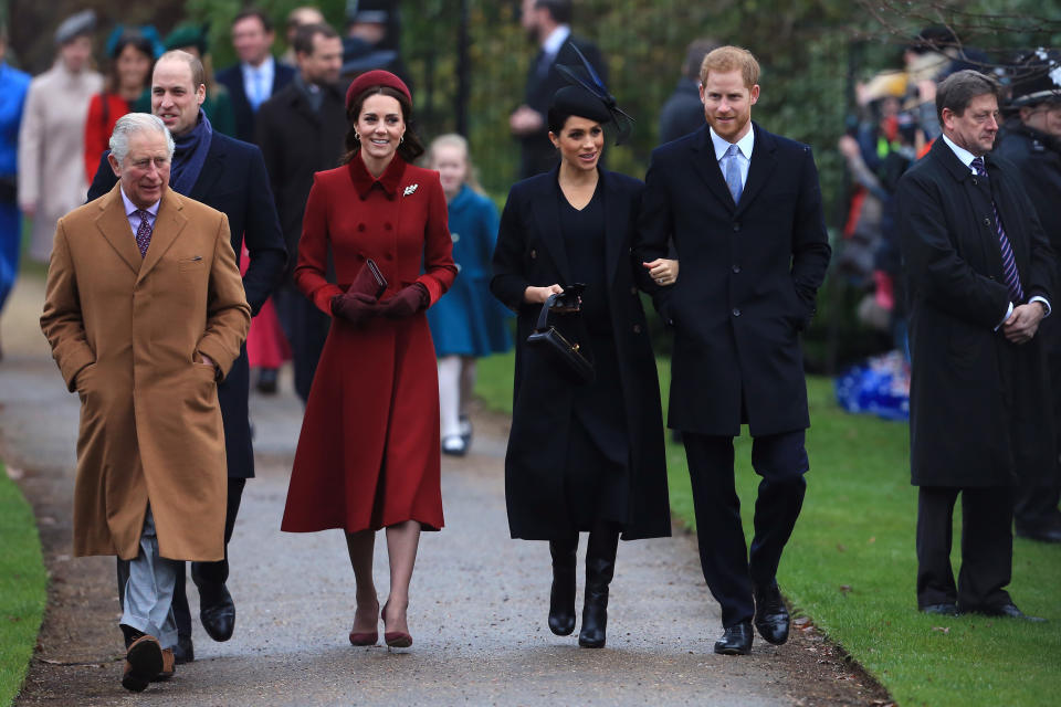 Prince Charles, Prince William, the Duchess of Cambridge, the Duchess of Sussex and Prince Harry arrive to attend church on Christmas Day 2018. [Photo: Getty]