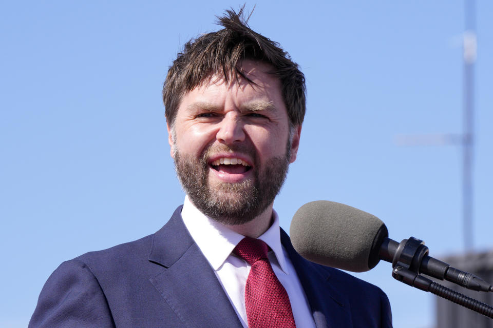 FILE - Sen. J.D. Vance, R-Ohio, speaks at an event, March 16, 2024, in Vandalia, Ohio. As Donald Trump campaigns on the promises of mass deportations and pardons for those convicted in the Jan. 6 Capitol attack, his ideas are being met with little pushback by a new era of Republicans in Congress. Vance said they're "going to have to deport some people." (AP Photo/Jeff Dean, File)