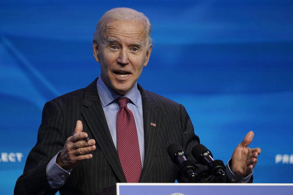 President-elect Joe Biden speaks during an event at The Queen theater in Wilmington, Del., Friday, Jan. 8, 2021, to announce key administration posts. (AP Photo/Susan Walsh)