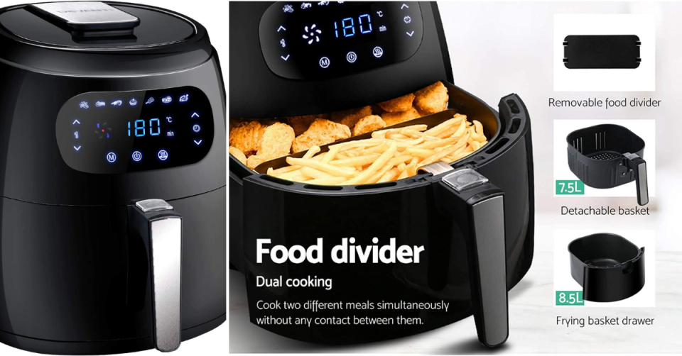 The Devanti Air Fryer featuring a food divider for dual cooking on a white background