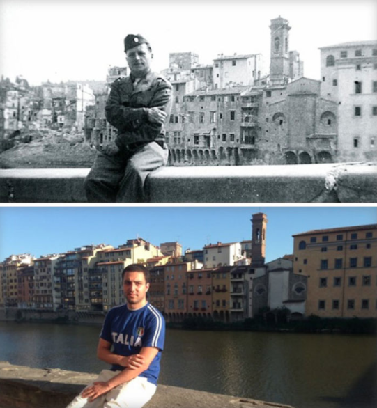 “Sentado donde se sentó mi abuelo en la Segunda Guerra Mundial: 1944 – 2014. Río Arno en Florencia, Italia”