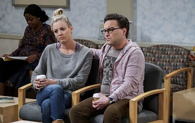 Kaley Cuoco and Johnny Galecki in The Big Bang Theory. Source: Getty