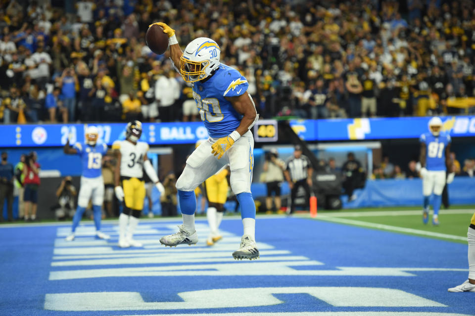 Austin Ekeler celebrates another score against the Steelers.