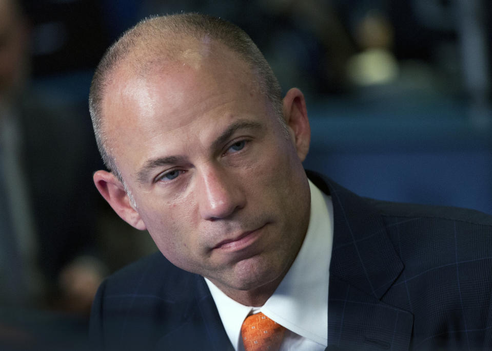 FILE - In this Thursday, May 10, 2018 file photo Michael Avenatti, is interviewed in New York. Avenatti, who has gained national attention as the lawyer for porn actress Stormy Daniels, is scheduled on Aug. 10 to speak at an Iowa Democratic fundraiser that has been a frequent stop for those seeking the presidential nomination. (AP Photo/Mark Lennihan, File)