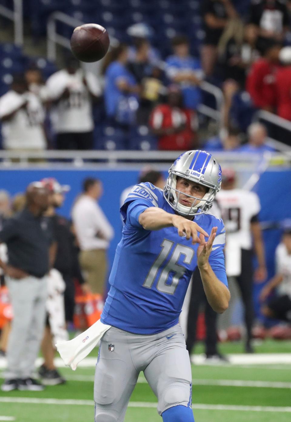 Lions quarterback Jared Goff passes during warmups before preseason action against the Falcons Aug. 12, 2022 at Ford Field.