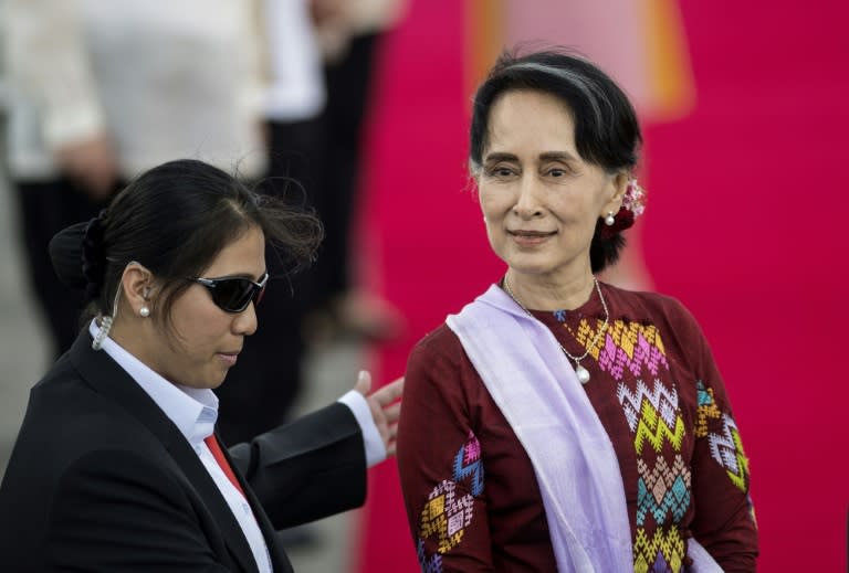 Aung Sang Suu Kyi, Myanmar's civilian leader, seen arriving Saturday in Manila for a regional summit meeting