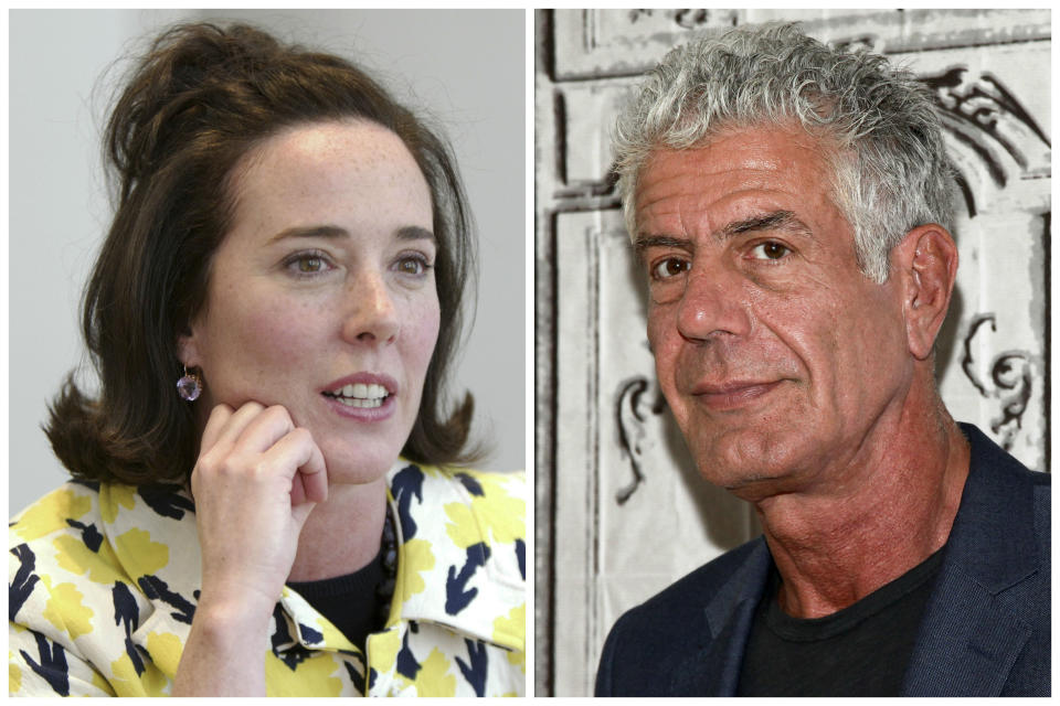 This combination of 2004 and 2016 file photos shows fashion designer Kate Spade and TV personality chef Anthony Bourdain in New York. Spade was found dead in an apparent suicide in her New York City apartment on June 5 and Bourdain has been found dead in his hotel room in an apparent suicide in France on June 8. (AP Photo/Bebeto Matthews, Andy Kropa/Invision)