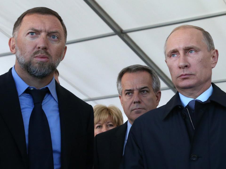 Russian President Vladimir Putin (R) and billionare, businessman Oleg Deripaska (L) are seen visiting the RusVinyl Russian-Belgian joint polymer plant, near Nizhny Novgorod, 430 km. East of Moscow. Putin is having a one-day trip to Nizhny Novgorod region