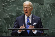 President Joe Biden speaks during the 76th Session of the United Nations General Assembly at U.N. headquarters in New York on Tuesday, Sept. 21, 2021. (Eduardo Munoz/Pool Photo via AP)