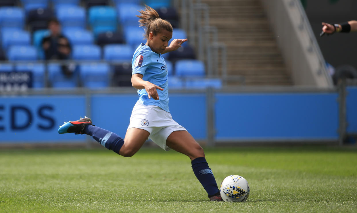 Manchester City’s Nikita Parris celebrates scoring to make it 1-1 during the match between Manchester City Women and Yeovil Ladies at The Academy Stadium in Manchester, England, 2019 (Photo: Tom Flathers/Man City via Getty Images)