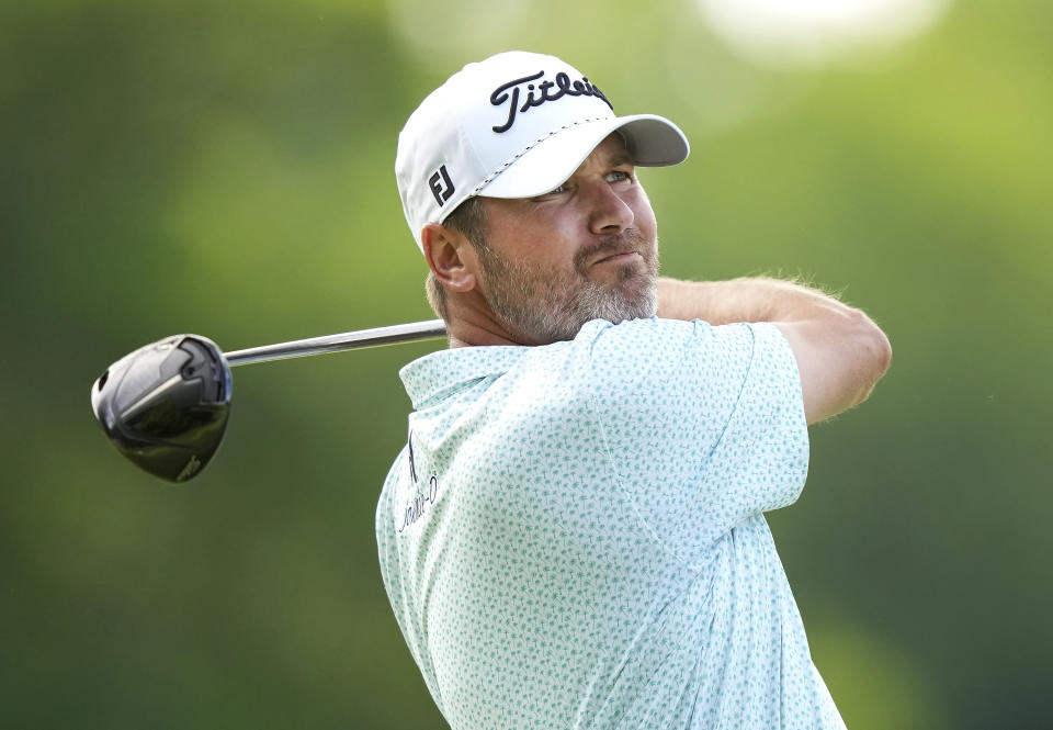 Sean O'Hair tees off on the fourth hole during the third round of Canadian Open golf tournament in Hamilton, Ontario, Saturday, June 1, 2024. (Nathan Denette/The Canadian Press via AP)