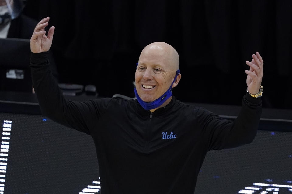 UCLA head coach Mick Cronin reacts to a call during the first half of a men's Final Four NCAA college basketball tournament semifinal game against Gonzaga, Saturday, April 3, 2021, at Lucas Oil Stadium in Indianapolis. (AP Photo/Darron Cummings)