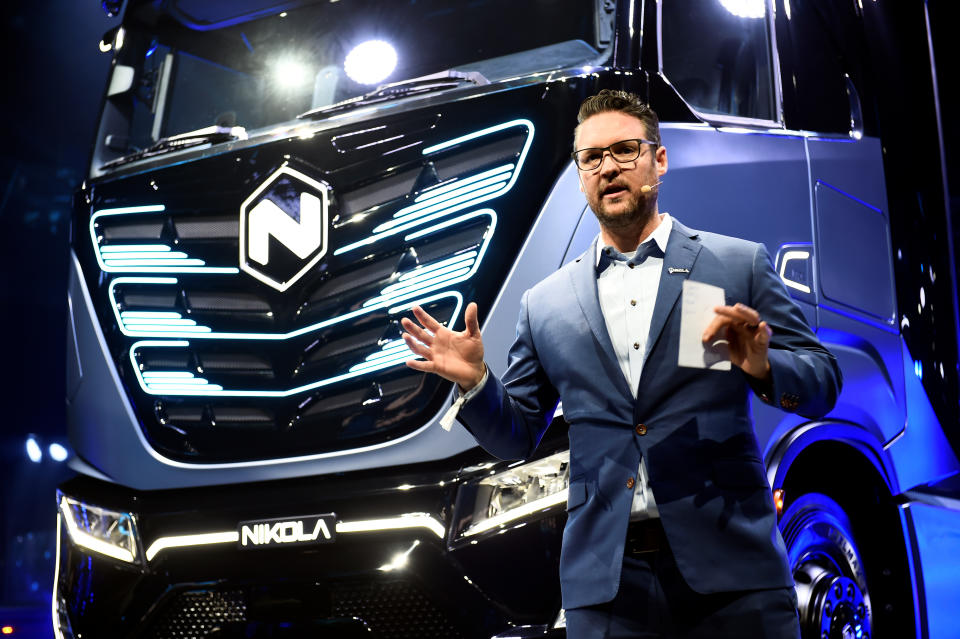 CEO and founder of U.S. Nikola, Trevor Milton speaks during presentation of its new full-electric and hydrogen fuel-cell battery trucks in partnership with CNH Industrial, at an event in Turin, Italy December 2, 2019. REUTERS/Massimo Pinca