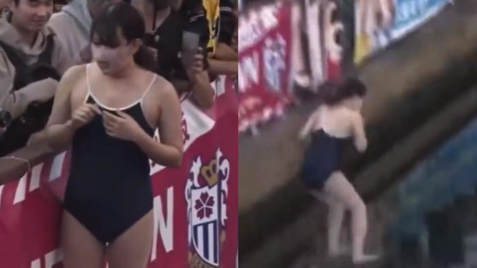 穿著泳裝的年輕女子跳下道頓堀川。（圖／翻攝自@tyuriakeiba推特）