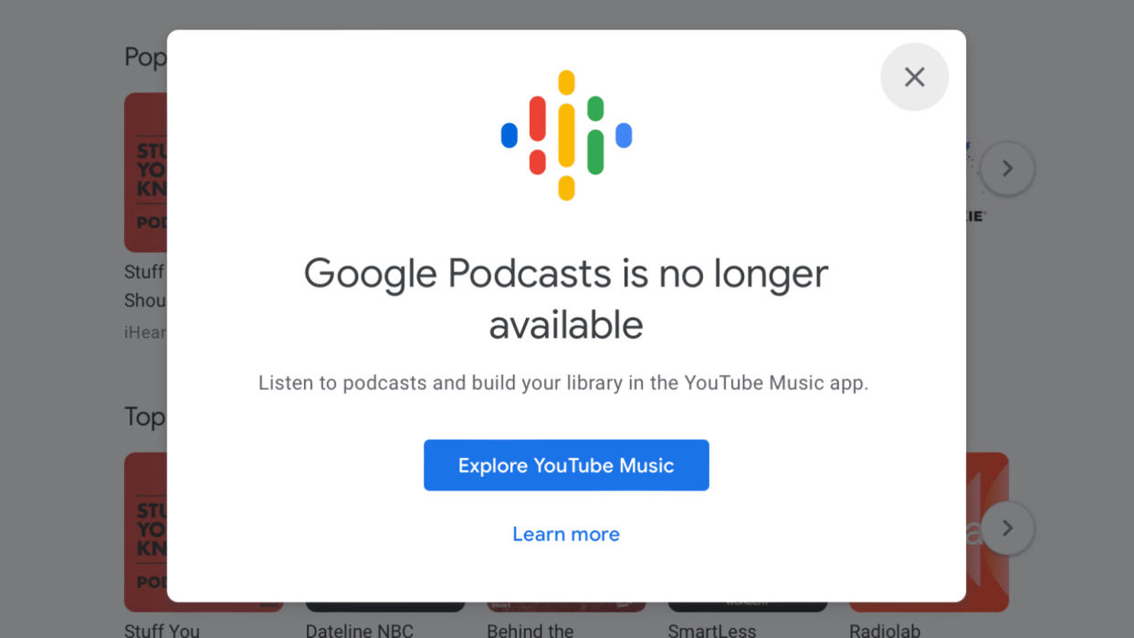  Google Podcasts is no longer available message on the web. 