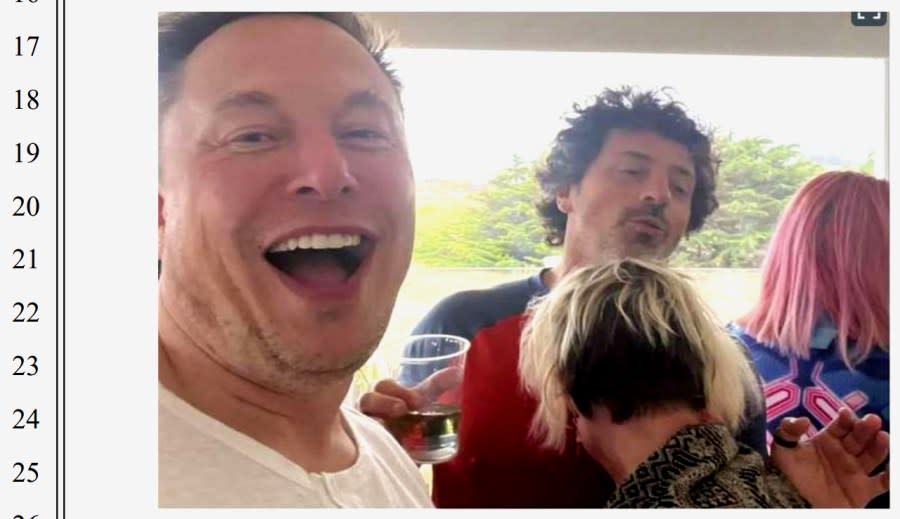 Two of the richest men in the world, Elon Musk and Sergey Brin, are seen in a photograph published in the civil lawsuit. (Image courtesy Santa Clara County Superior Court)