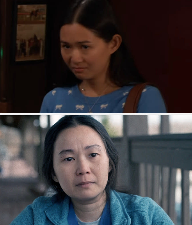 Above, a closeup of Hong looking earnest in How I Met Your Mother; below, a closeup of her as Brendan Fraser's nurse friend in The Whale