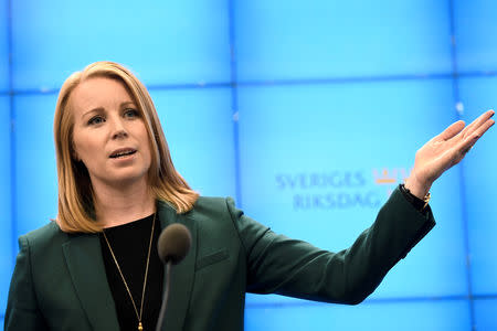 FILE PHOTO: Annie Loof, leader of Sweden's Center Party, speaks during a news conference in Stockholm, Sweden October 13, 2018. TT News Agency/Henrik Montgomery via REUTERS/File Photo