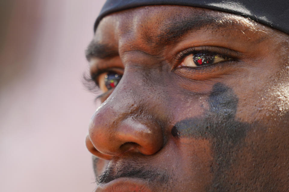 Cincinnati quarterback Emory Jones watches from the sideline during the second half of an NCAA college football game against Oklahoma, Saturday, Sept. 23, 2023, in Cincinnati. (AP Photo/Aaron Doster)