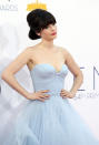 BEST: Zooey Deschanel looked like a princess in her powder blue Reem Acra dress.