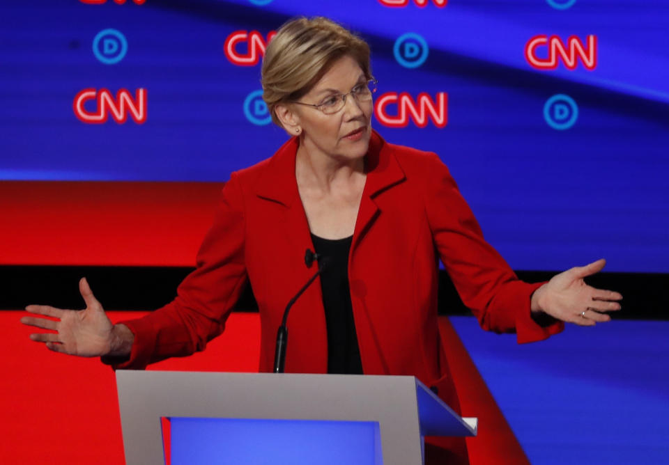 Sen. Elizabeth Warren, D-Mass., participates in the first of two Democratic presidential primary debates hosted by CNN in the Fox Theatre in Detroit on July 30, 2019. | Paul Sancya—AP