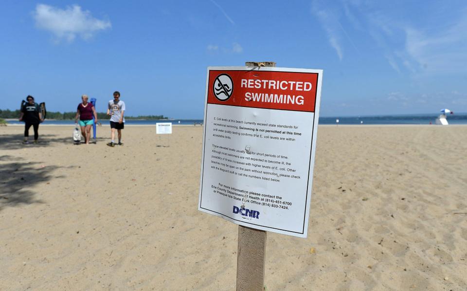 In this 2018 file photo, beachgoers leave Presque Isle State Park's Beach 11 due to high levels of E. coli bacteria. E. coli levels have cut short swimming seasons at the popular beach twice in the past five years.