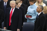 FILE - In this Jan. 20. 2017 file photo, then President-elect Donald Trump looks over at then President Barack Obama before being sworn in as the 45th president of the United States during the 58th Presidential Inauguration at the U.S. Capitol in Washington. North Korea has a criticism of U.S. President Donald Trump he probably wasn’t expecting: he’s too much like Barack Obama. In its first comments since new Secretary of State Rex Tillerson’s swing through Asia, the North is making much of the former oil executive’s surprisingly blunt assessment that Obama’s strategy needs to be replaced and U.S. efforts to get North Korea to denuclearize over the past 20 years have been a failure. But, it says, Trump is adopting the same stance nevertheless. (AP Photo/Andrew Harnik, File)