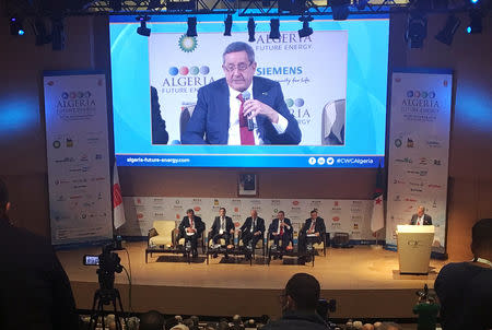 FILE PHOTO: Sonatrach's CEO Abdelmoumen Ould Kaddour speaks during an international forum on oil and gas in Algiers, Algeria October 29, 2018. REUTERS/Lamine Chikhi