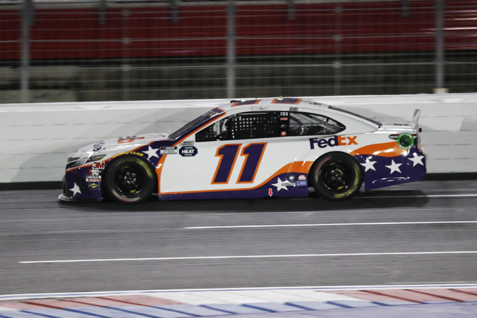 Denny Hamlin drives during a NASCAR Cup Series auto race at Charlotte Motor Speedway Thursday, May 28, 2020, in Concord, N.C. (AP Photo/Gerry Broome)
