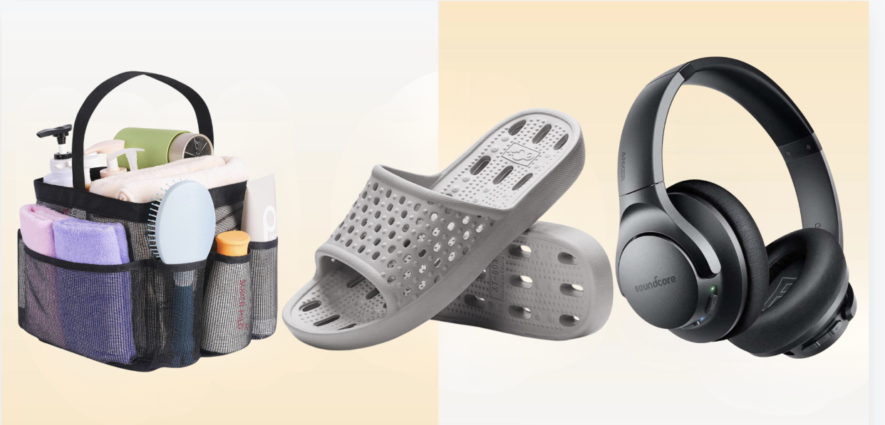 shower caddy, shower slippers, black headphones