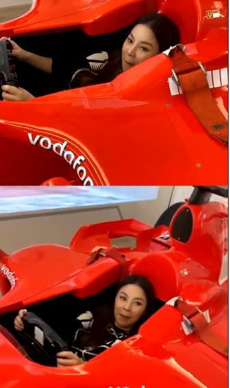 林志穎教楊秀蓉如何坐進F1法拉利賽車。（圖／翻攝自楊秀蓉IG）