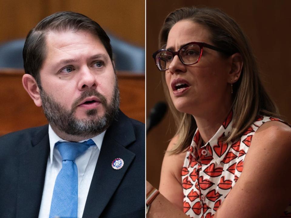 A composite image of Rep. Ruben Gallego and Sen. Kyrsten Sinema 