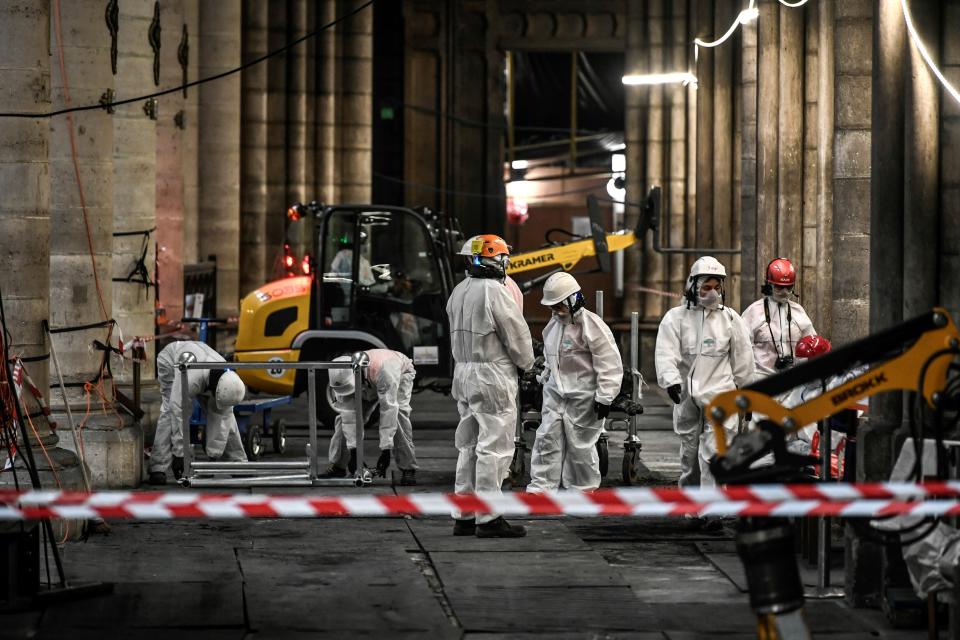 Workers are pictured during preliminary work at the Notre Dame Cathedral, July 17, 2019 in Paris. (Photo: Stephane de Sakutin/Pool via AP)           