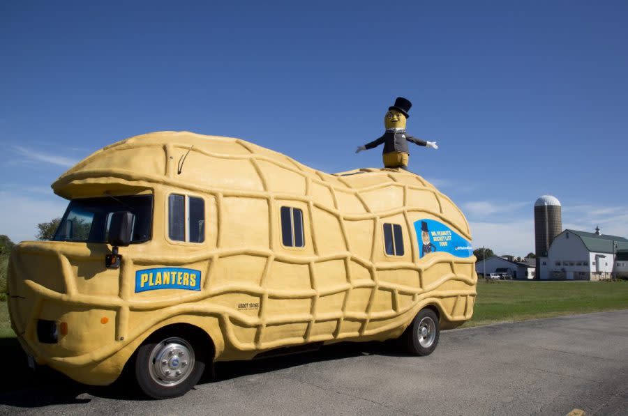 Mr. Peanut and the NUTmobile are shown Wednesday, Sept. 9, in Burlington, Wis. (AP Images)