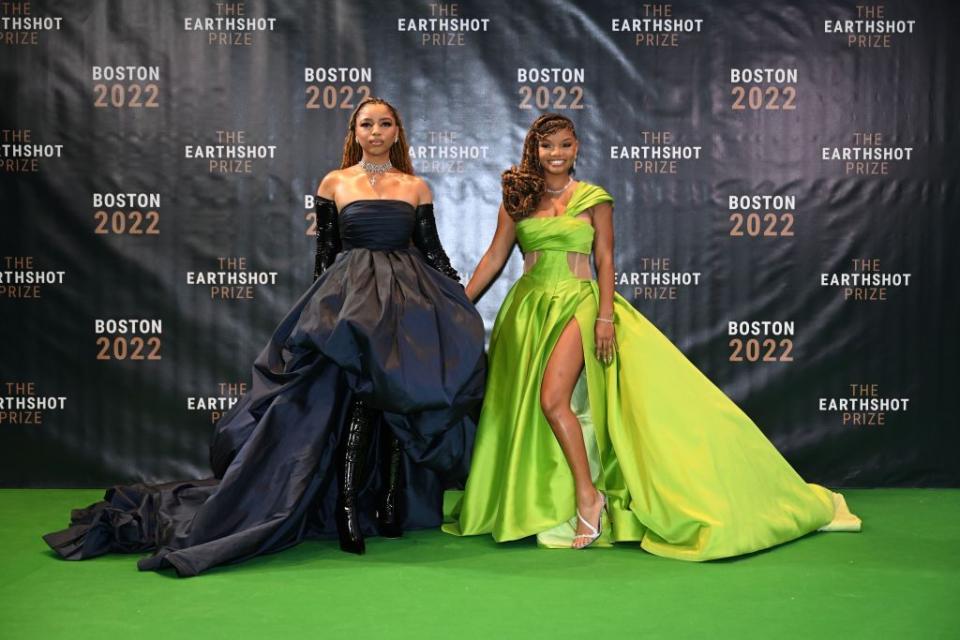 <p>Sisters Chloe and Halle looked gorgeous in ballgowns. Their green and black dresses worked perfectly with the backdrops. </p>