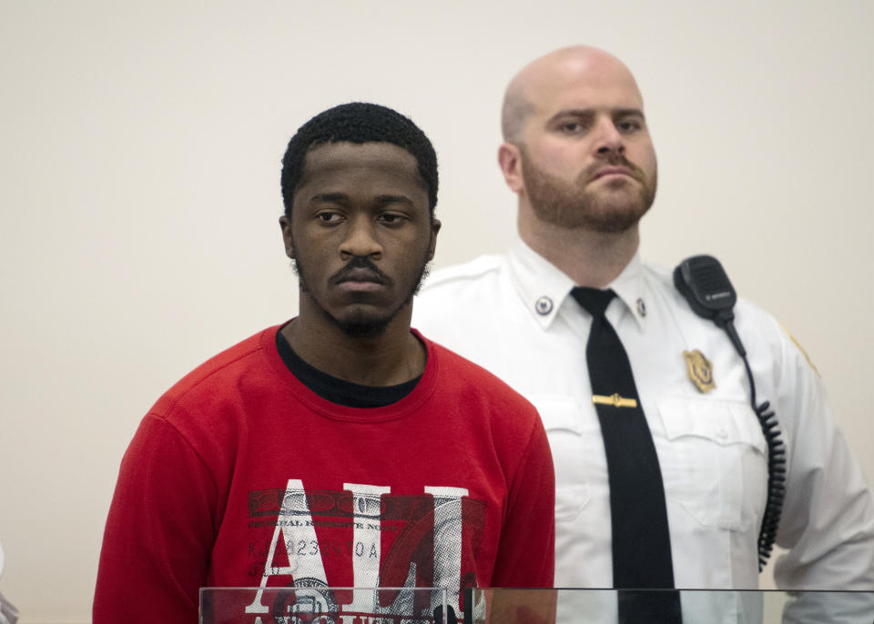 Momoh Kamara, 21, of West Boylston, appears in Worcester Superior Court, Friday, March 15, 2019 in Worcester, Mass. Worcester District Attorney Joseph Early Jr. announced Friday that a former tenant, 21-year-old Momoh Kamara, had been indicted on second-degree murder, arson and burglary charges. (Ashley Green/Worcester Telegram & Gazette via AP)