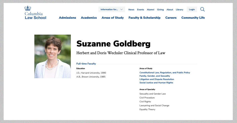 Suzanne Goldberg’s areas of expertise and study, as listed on Columbia Law School’s website. (Photo: COLUMBIA LAW SCHOOL)