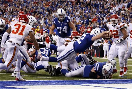 Jan 4, 2014; Indianapolis, IN, USA; Indianapolis Colts quarterback Andrew Luck (12) dives in for a touchdown against the Kansas City Chiefs in the fourth quarter during the 2013 AFC wild card playoff football game at Lucas Oil Stadium. Mandatory Credit: Brian Spurlock-USA TODAY Sports