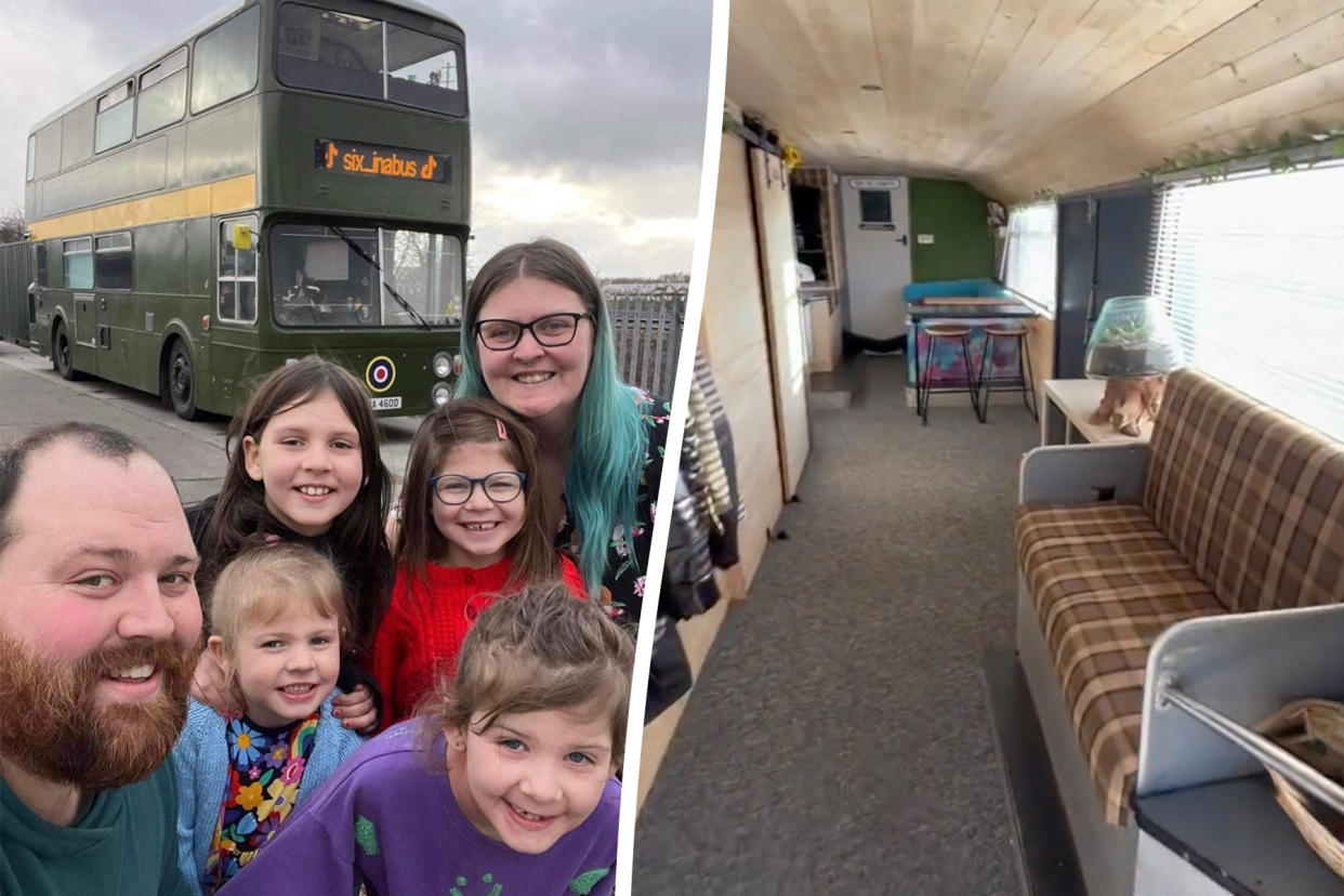 Conrad Kirk, left, and his partner, Nicole McCarthy, right, with their four daughters and their double decker bus home. (SWNS)