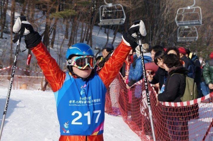 Martin Kvilekval of Norway celebrates his silver medal in the Alpine Super G. 