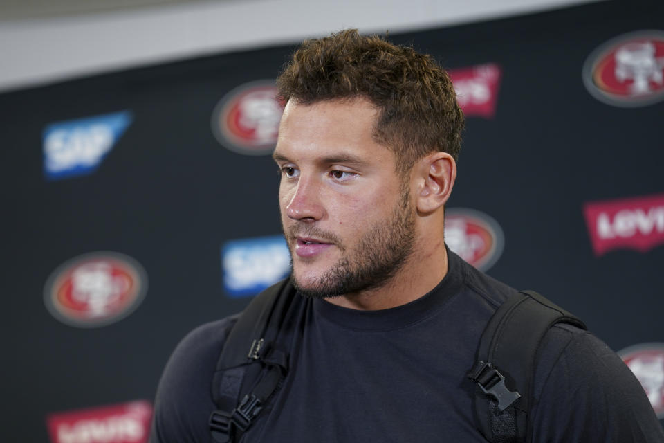 San Francisco 49ers defensive end Nick Bosa speaks to reporters after an NFL football game against the Pittsburgh Steelers, Sunday, Sept. 10, 2023, in Pittsburgh. (AP Photo/Matt Freed)