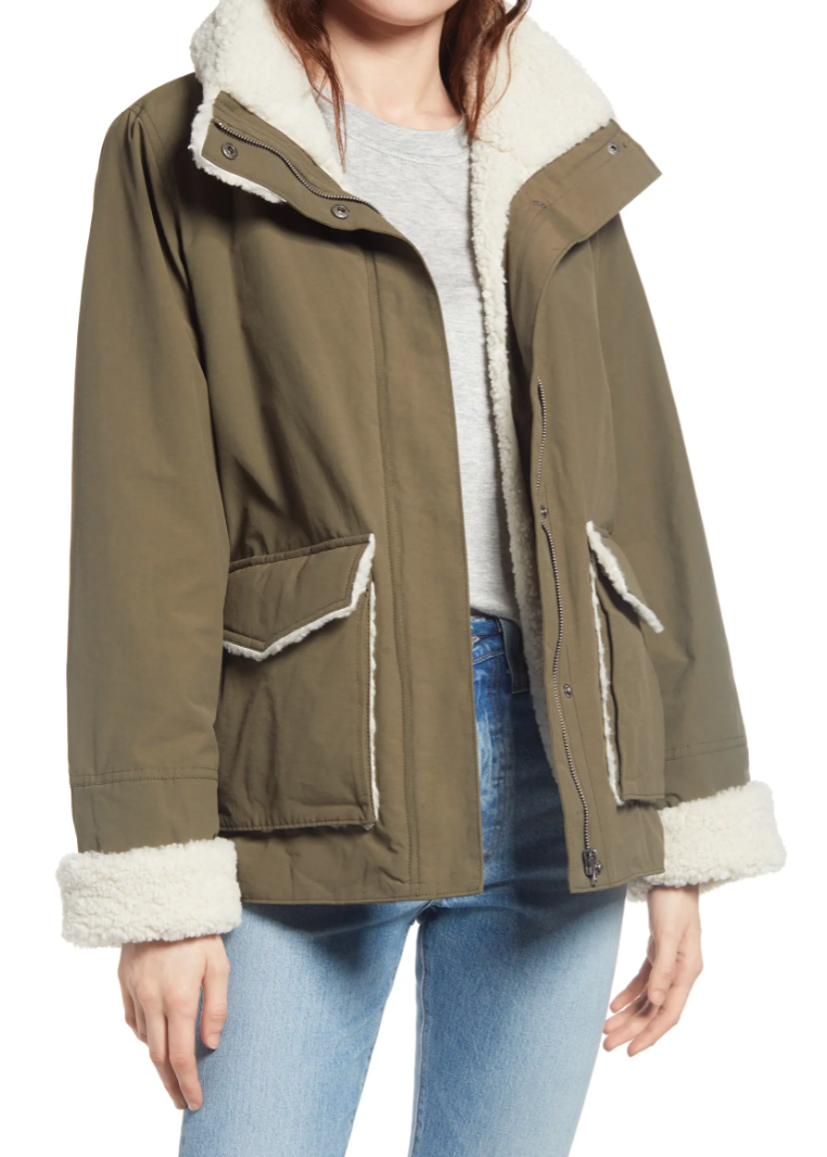 Thread & Supply Faux Shearling & Cotton Blend Barn Jacket in Dark Olive