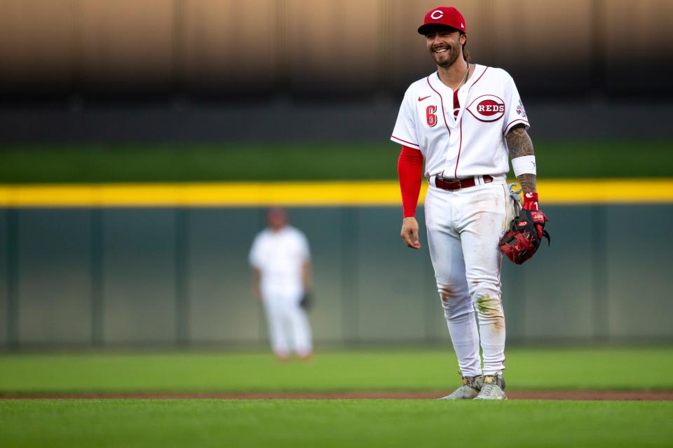 Cincinnati Reds second baseman Jonathan India (6) laughs in between batters in the fourth inning of the MLB game between the Cincinnati Reds and the Los Angeles Dodgers in Cincinnati at Great American Ball Park on Tuesday, June 21, 2022. 