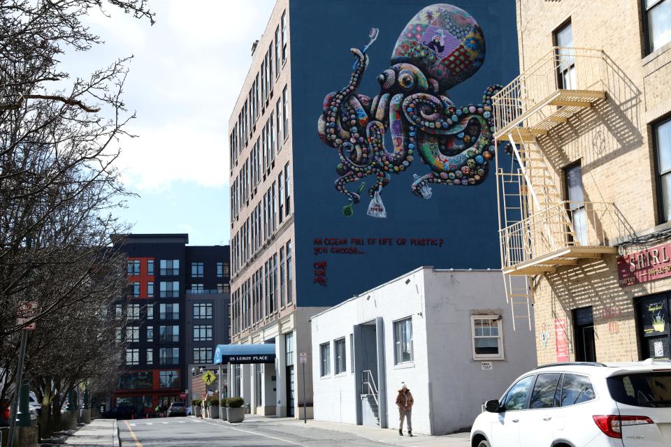 "Protecting our Oceans," a mural by Louis Masai on the side of 25 Leroy Place, with the Modera New Rochelle apartment building at left, in downtown New Rochelle, Feb. 24, 2023.