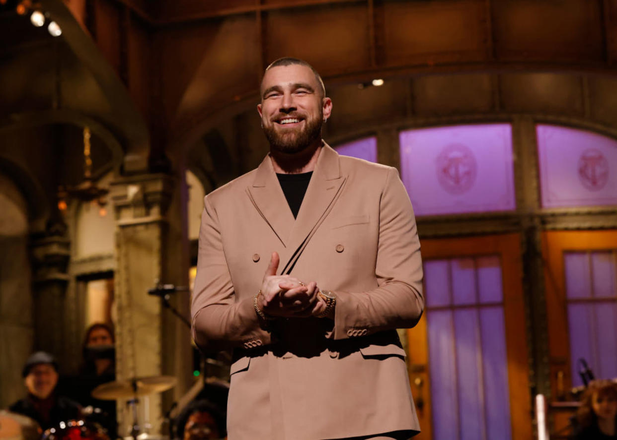 Host Travis Kelce during the Monologue. (NBC / Will Heath / Getty Images)